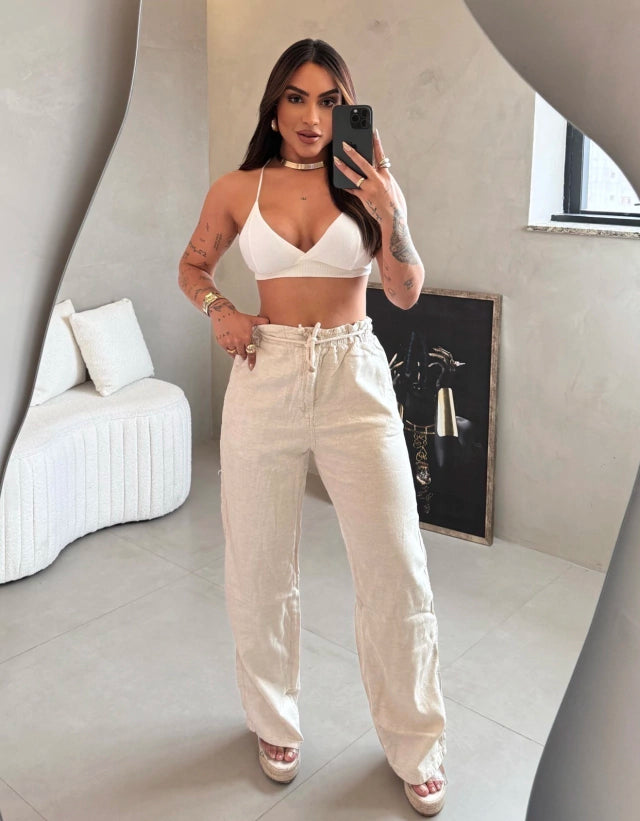 Women's Linen Wide Leg Clochard Pants with Drawstring