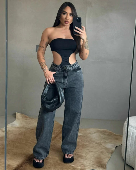 Women's Black Wide Leg Jeans, High Waist, Basic