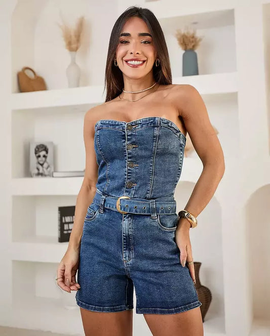 Women's Strapless Denim Jumpsuit with Own Belt